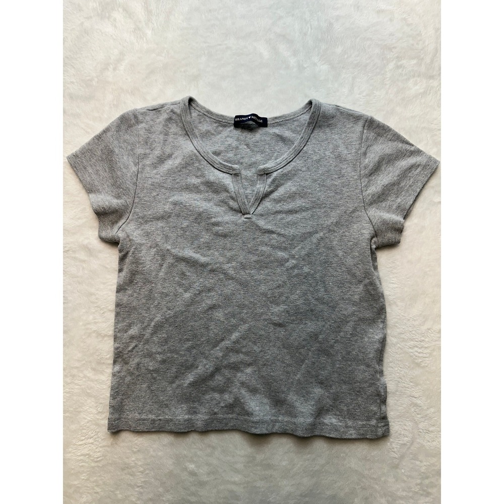 Brandy Melville Grey Notched V-Neck Short Sleeve Crop Made In Italy One Size-183